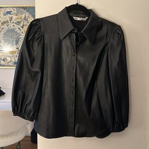 Zara puff sleeve button down top in faux leather